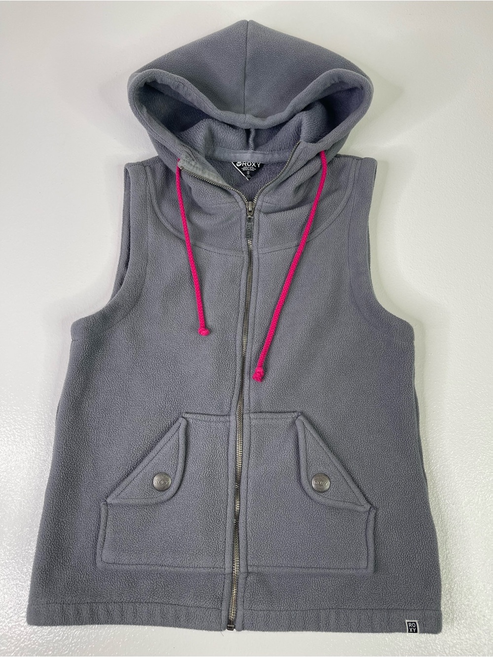 Roxy Gray Fleece Full Zip Hooded Vest with Pink Drawstring Size XS